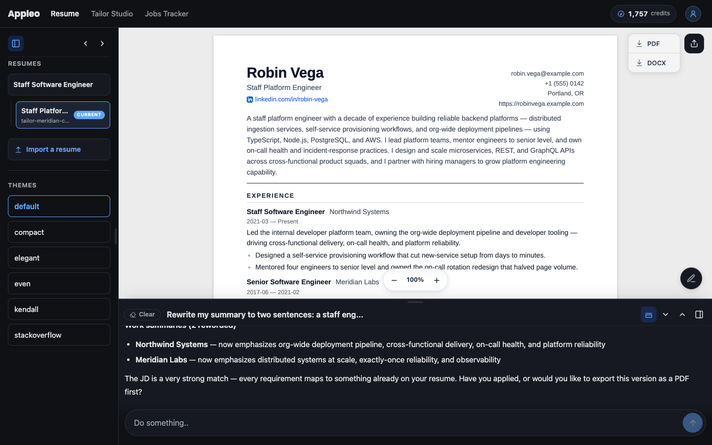 The resume workspace: a rendered resume, theme picker, and the agent console showing a tailoring pass that was just committed