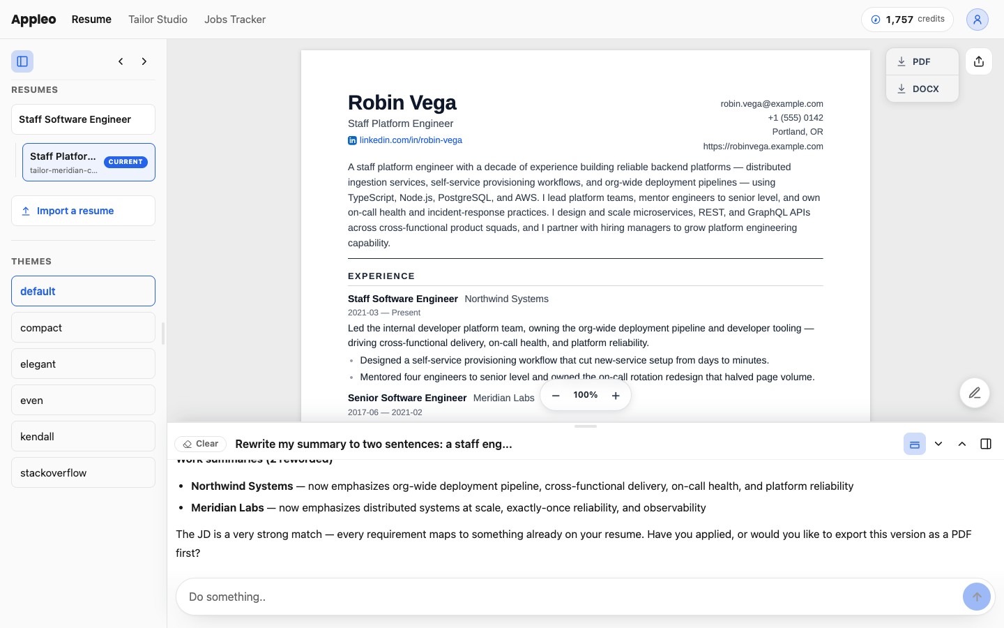 The resume workspace: a rendered resume, theme picker, and the agent console showing a tailoring pass that was just committed